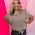 Mocha corded rib knit top with hi-low V-neck and short sleeves