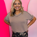 Mocha corded rib knit top with hi-low V-neck and short sleeves