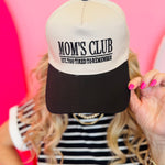 Black and cream Mom’s Club hat with embroidered funny mom phrase and adjustable strap