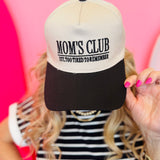 Black and cream Mom’s Club hat with embroidered funny mom phrase and adjustable strap