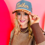 Denim “Mother Knows Best”  hat with rust brim, polka dots, and embroidered back icons.