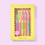 Colorful motivational pen set with affirmation sayings and matching ink colors.
