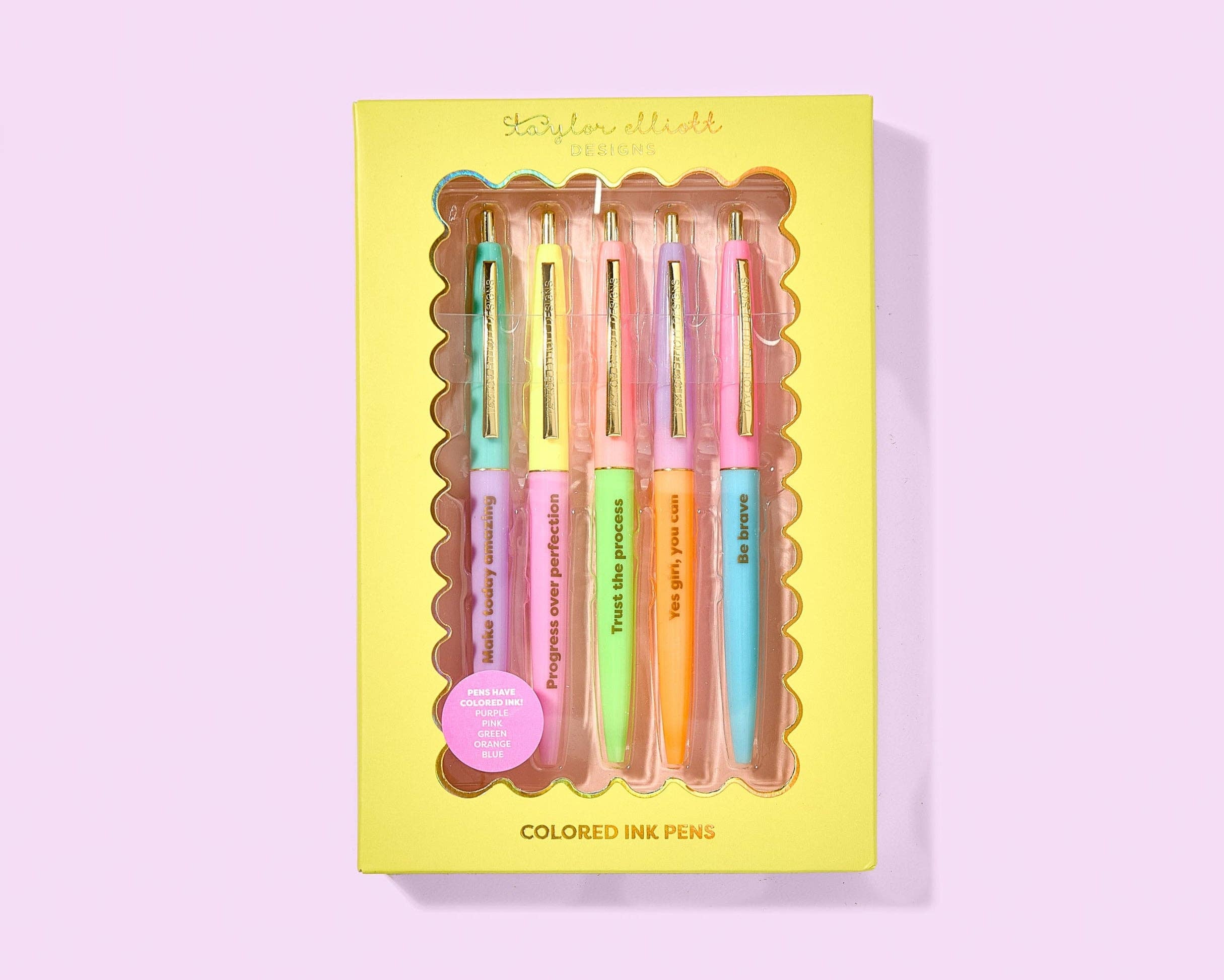 Colorful motivational pen set with affirmation sayings and matching ink colors.