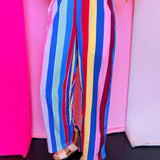 Multicolor stripe pants with wide leg silhouette and elastic waistband.