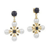 Black post-back earrings with pearl accent and black cross dangle, 1¾-inch length.