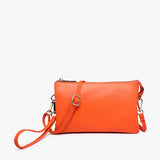 Neon orange vegan leather crossbody bag with multiple compartments and adjustable strap