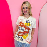 Graphic tee with crawfish and corn design and off with their heads phrase