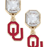 Gold Oklahoma Sooners logo earrings with crimson enamel and sparkling rhinestones.