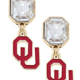 Gold Oklahoma Sooners logo earrings with crimson enamel and sparkling rhinestones.