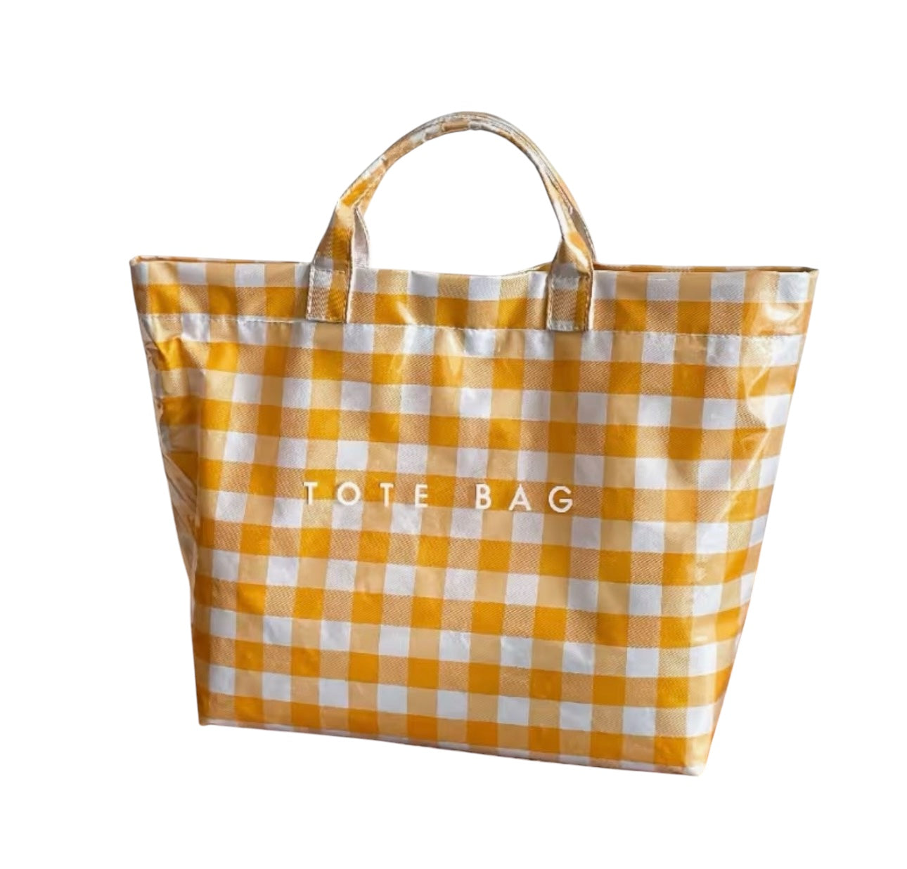 Orange gingham checkered tote bag with water-resistant PVC and zipper 