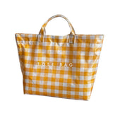 Orange gingham checkered tote bag with water-resistant PVC and zipper 