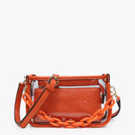 Clear crossbody bag with orange trim, chain strap, and removable inner pouch