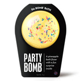 Yellow bath bomb with sprinkles and pineapple scent, includes hidden surprise inside.