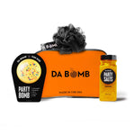 Party Bath Bomb Gift Set with yellow fizzer, loofah, salts, and pineapple fragrance.
