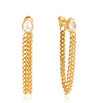Pear crystal stud earrings with cascading gold chains water resistant design.