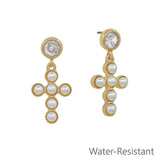 Pearl stud cross drop earrings with water resistant finish and elegant lightweight faith inspired design