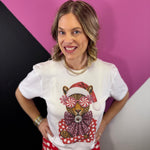 White tee with Christmas leopard, peppermint glasses, pink leopard bow, and rhinestone accents.