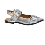 Silver pointed-toe flats with bold silver double buckle straps and a slingback backstrap, combining vibrant color with edgy charm.