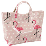 Pink polka dot flamingo tote bag with large water-resistant PU-coated design.