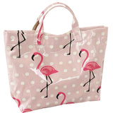 Pink polka dot flamingo tote bag with large water-resistant PU-coated design.