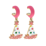 Pink enamel party hat huggie earrings with colorful polka dots and gold-tone finish.