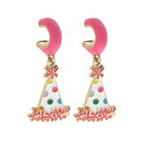 Pink enamel party hat huggie earrings with colorful polka dots and gold-tone finish.