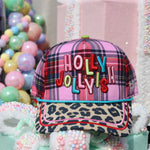 Pink plaid Holly Jollyish Christmas hat with leopard bill and colorful embroidery.