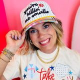 Pinstripe baseball hat with You’re Killin’ Me Smalls embroidery and checkered brim.