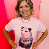 Pastel pink possum tee with colorful rhinestone jeweled collar detail.