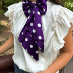 Purple and white polka dot silky scarf for neck, hair, handbag, or hat styling.