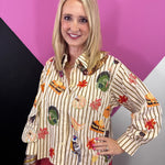 Cream and tan striped button-up with colorful sequin and embroidered Thanksgiving appliqués.