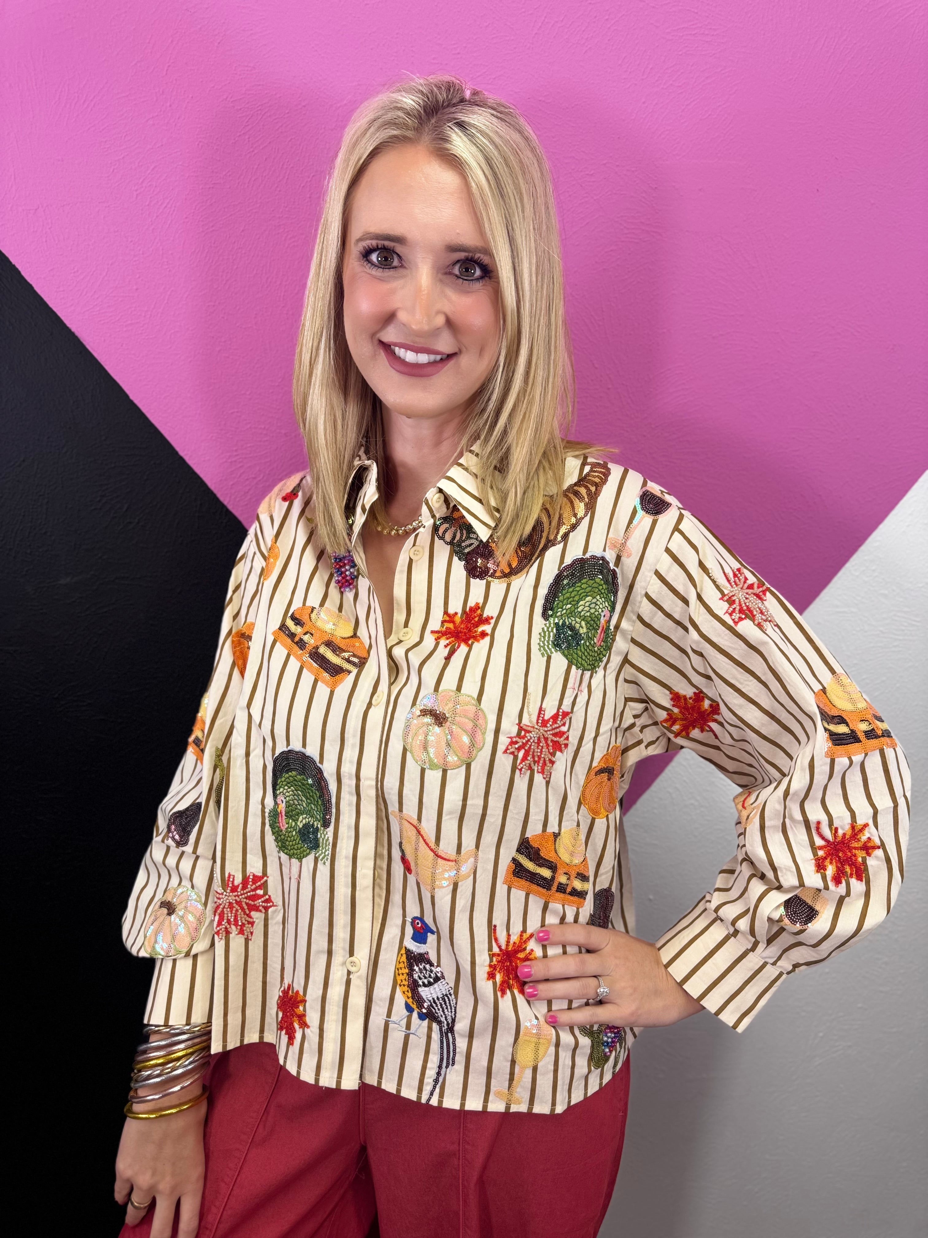 Queen Of Sparkles Beige Striped Thanksgiving Icon Cotton Button Up Top