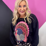 Black sweatshirt with colorful patchwork turkey featuring leopard, plaid, polka dots, checkerboard, and pink chevron.