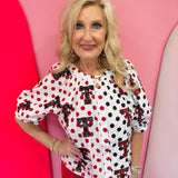 Queen of Sparkles Texas Tech TT colorblock polka dot button-up top with sequin logos.