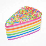White rainbow cake squishy with colorful icing and confetti sprinkles.