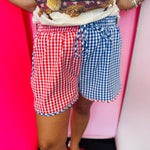 Red and blue gingham color block shorts with elastic waistband