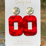 Red marbled acrylic statement earrings with hammered gold-plated posts