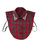Red plaid detachable collar with rhinestone accents for festive layered outfits.