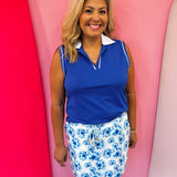 Royal blue polo tank with white trim and collar in soft stretch fabric.
