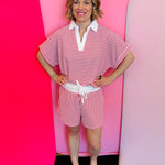 Ruby striped collared top and shorts set with white collar and elastic waist pocket shorts.