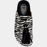 Shu Shop Ariana zebra print hair-on mule with black fringe and adjustable buckle.