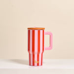 Pink striped insulated tumbler with handle and flip straw lid