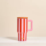 Pink striped insulated tumbler with handle and flip straw lid
