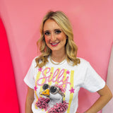 White Silly Goose graphic tee with rhinestones, leopard sunglasses, and pink feather details.