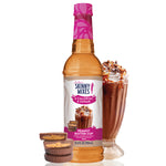 Skinny Mixes sugar free peanut butter cup syrup bottle with chocolate flavor.