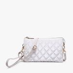 Light neutral crossbody bag with nylon body, multiple compartments, and adjustable strap