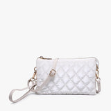 Light neutral crossbody bag with nylon body, multiple compartments, and adjustable strap