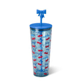 Swig Cherry Pop 24oz plastic tumbler with cherry print, straw, and blue background.