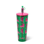 24oz tumbler with pink tiger print on a green spotted background and matching straw.