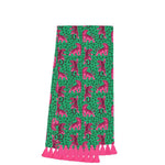 Swig Easy Tiger cotton tea towel with pink tigers, green print, and pink tassel fringe.